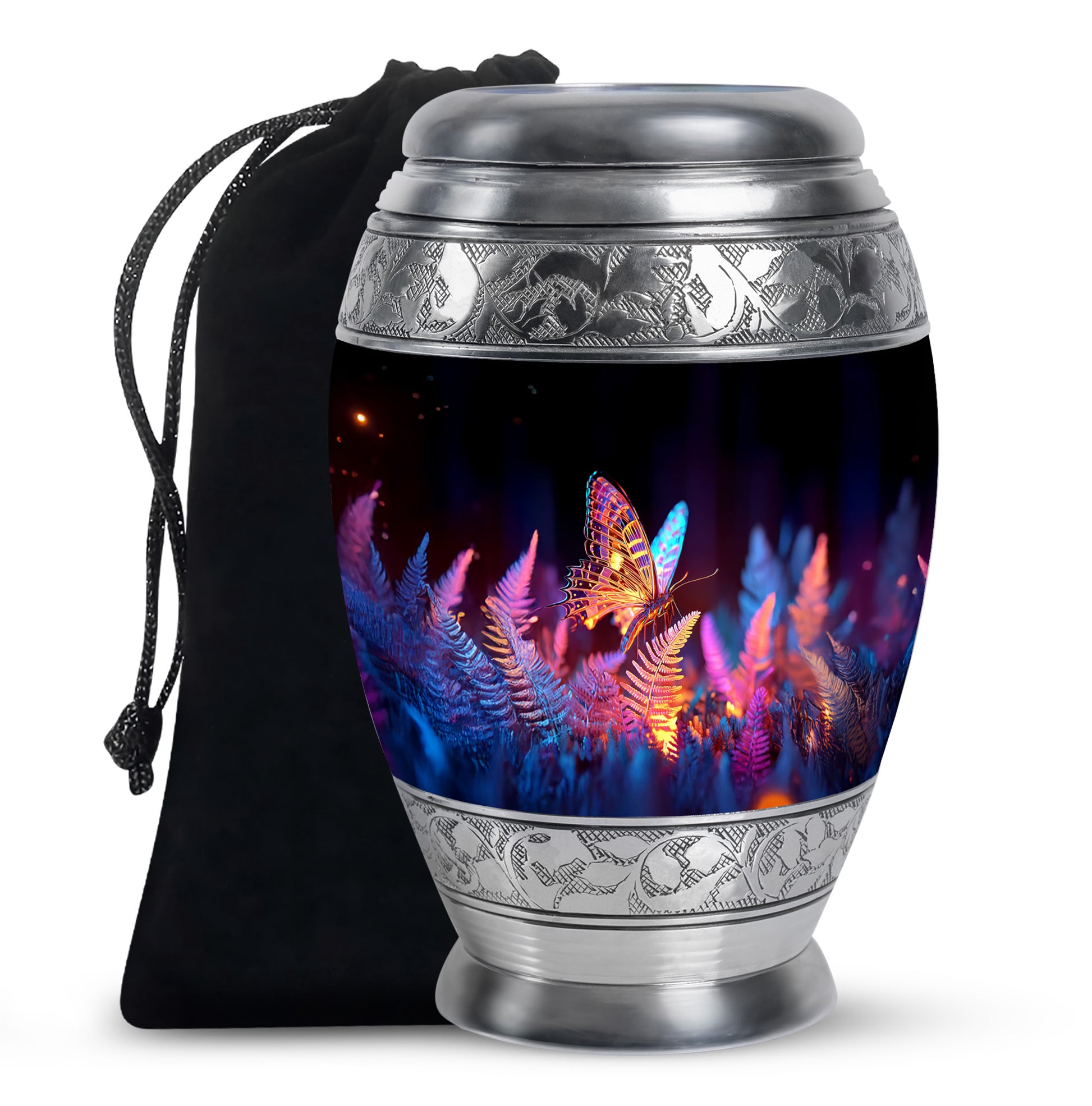 Glossy Black Butterfly Cremation Urn back view with polished surface - regal butterfly design with crown-inspired accents - full-size 10 inch 200 cubic inch adult cremation urn