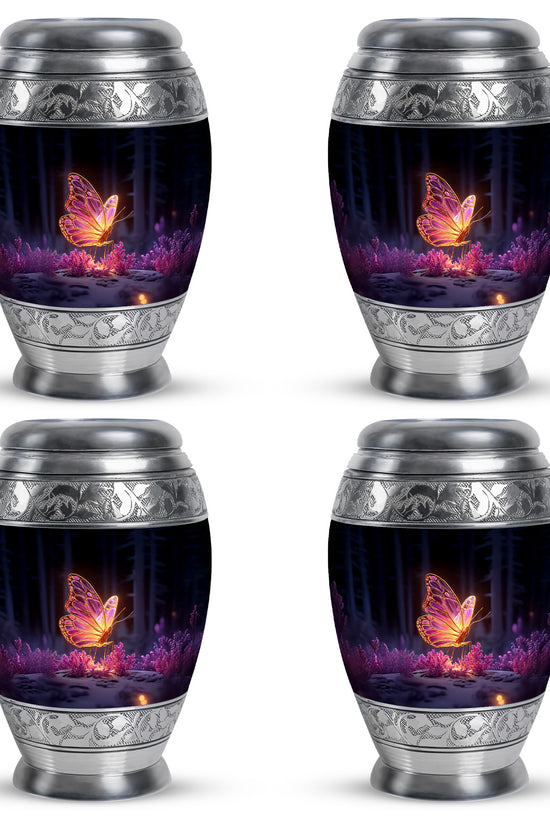 Ebony Butterfly Cremation Urn urn with complimentary velvet bag - ornate monarch-style butterfly relief on brushed aluminum - 10 inch aluminum urn for cremated remains