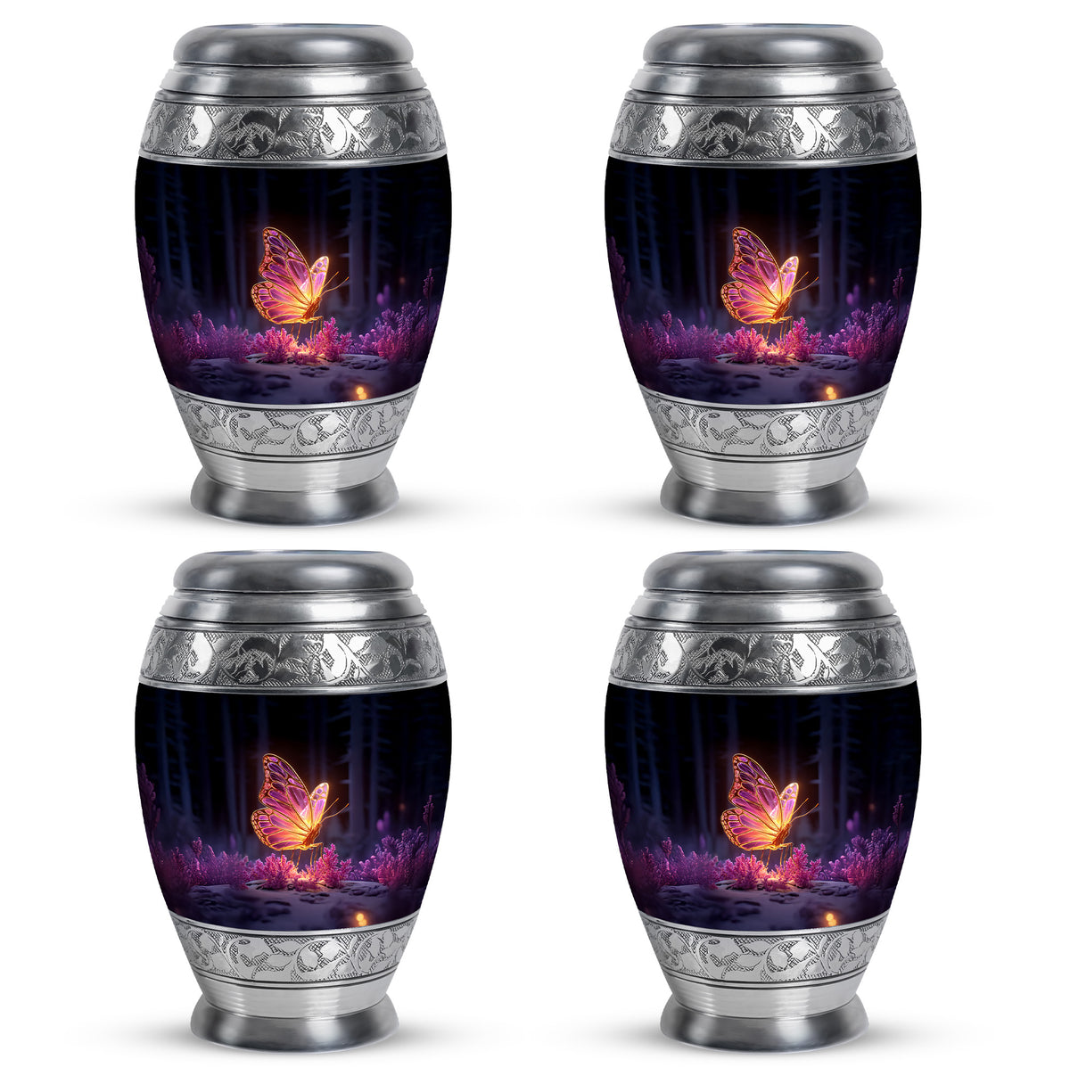 Ebony Butterfly Cremation Urn urn with complimentary velvet bag - ornate monarch-style butterfly relief on brushed aluminum - 10 inch aluminum urn for cremated remains