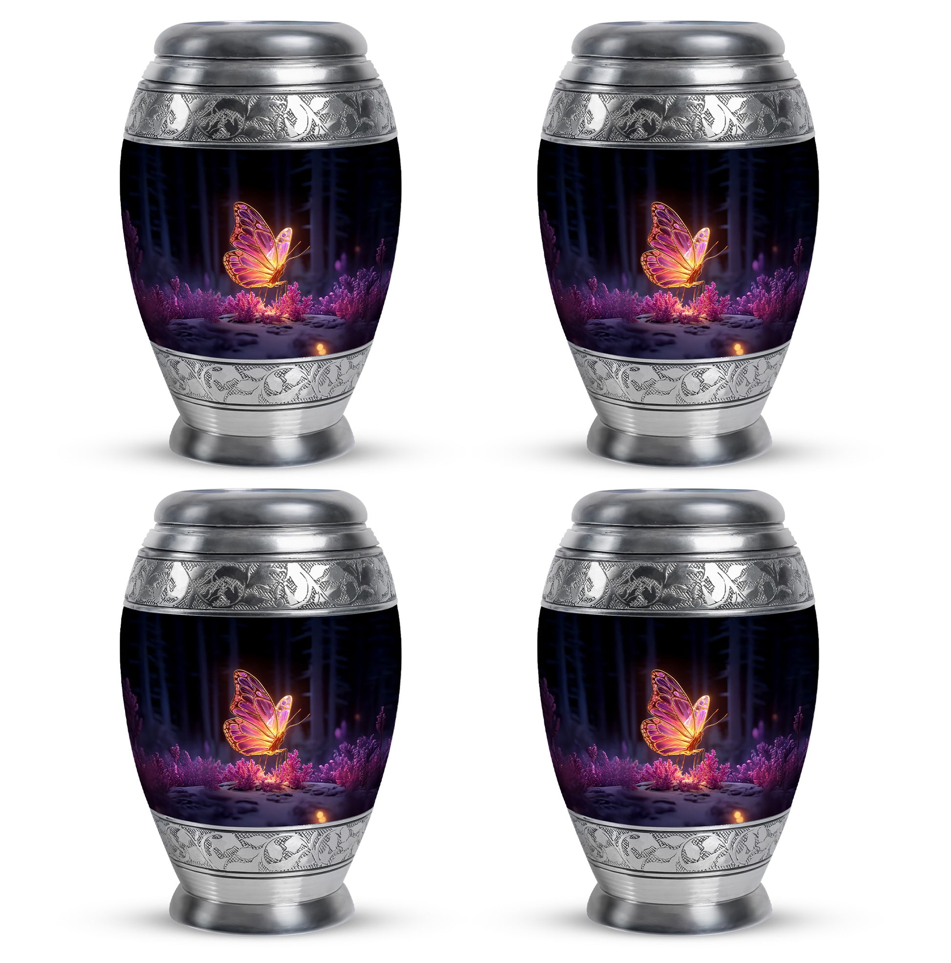 Ebony Butterfly Cremation Urn urn with complimentary velvet bag - ornate monarch-style butterfly relief on brushed aluminum - 10 inch aluminum urn for cremated remains