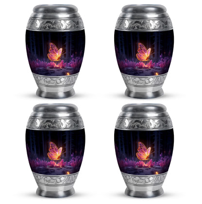 Ebony Butterfly Cremation Urn urn with complimentary velvet bag - ornate monarch-style butterfly relief on brushed aluminum - 10 inch aluminum urn for cremated remains