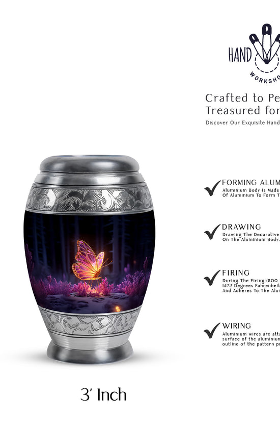 Midnight Black Butterfly Cremation Urn lifestyle display on memorial shelf - majestic butterfly pattern with filigree border - mini keepsake memorial for portion of cremation ashes