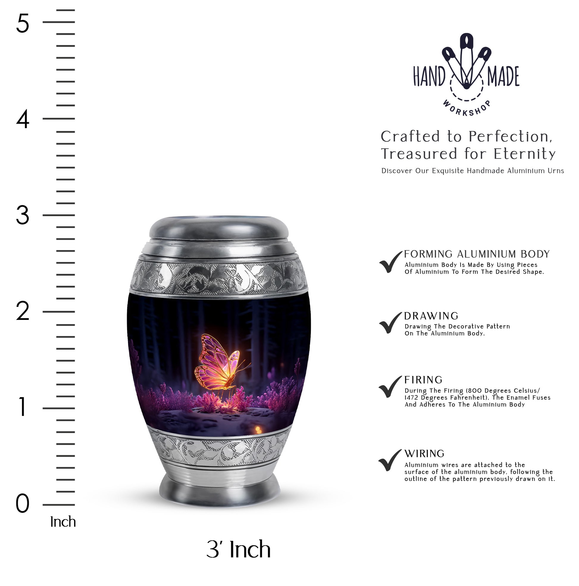 Midnight Black Butterfly Cremation Urn lifestyle display on memorial shelf - majestic butterfly pattern with filigree border - mini keepsake memorial for portion of cremation ashes
