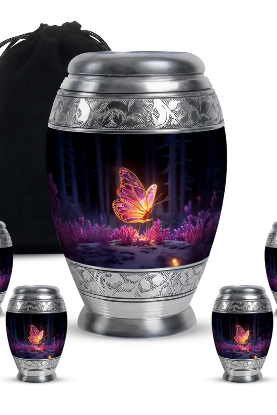 Dark Black Butterfly Cremation Urn detail view - majestic butterfly pattern with filigree border - memorial set with one large and four small urns
