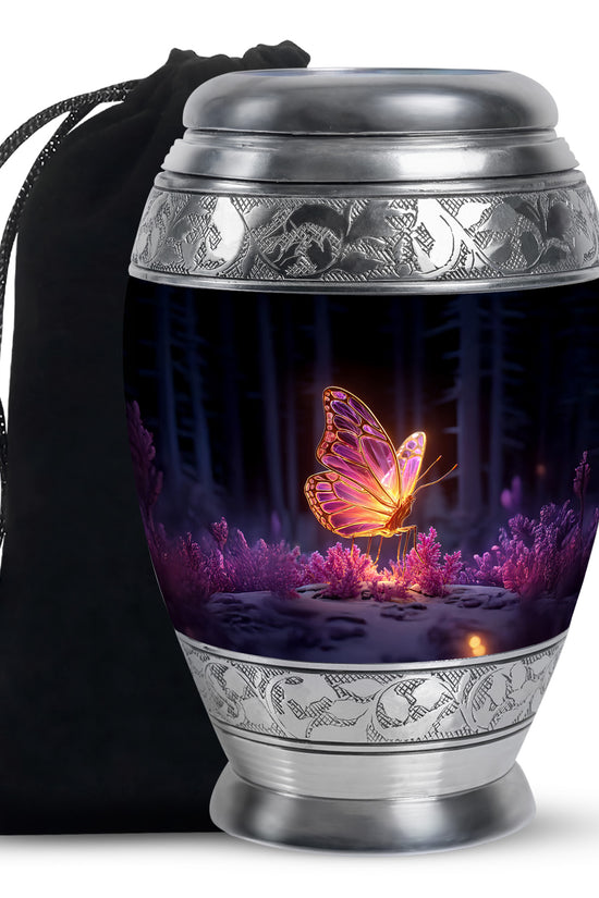 Ebony Butterfly Cremation Urn back view with polished surface - ornate monarch-style butterfly relief on brushed aluminum - full-size 10 inch 200 cubic inch adult cremation urn