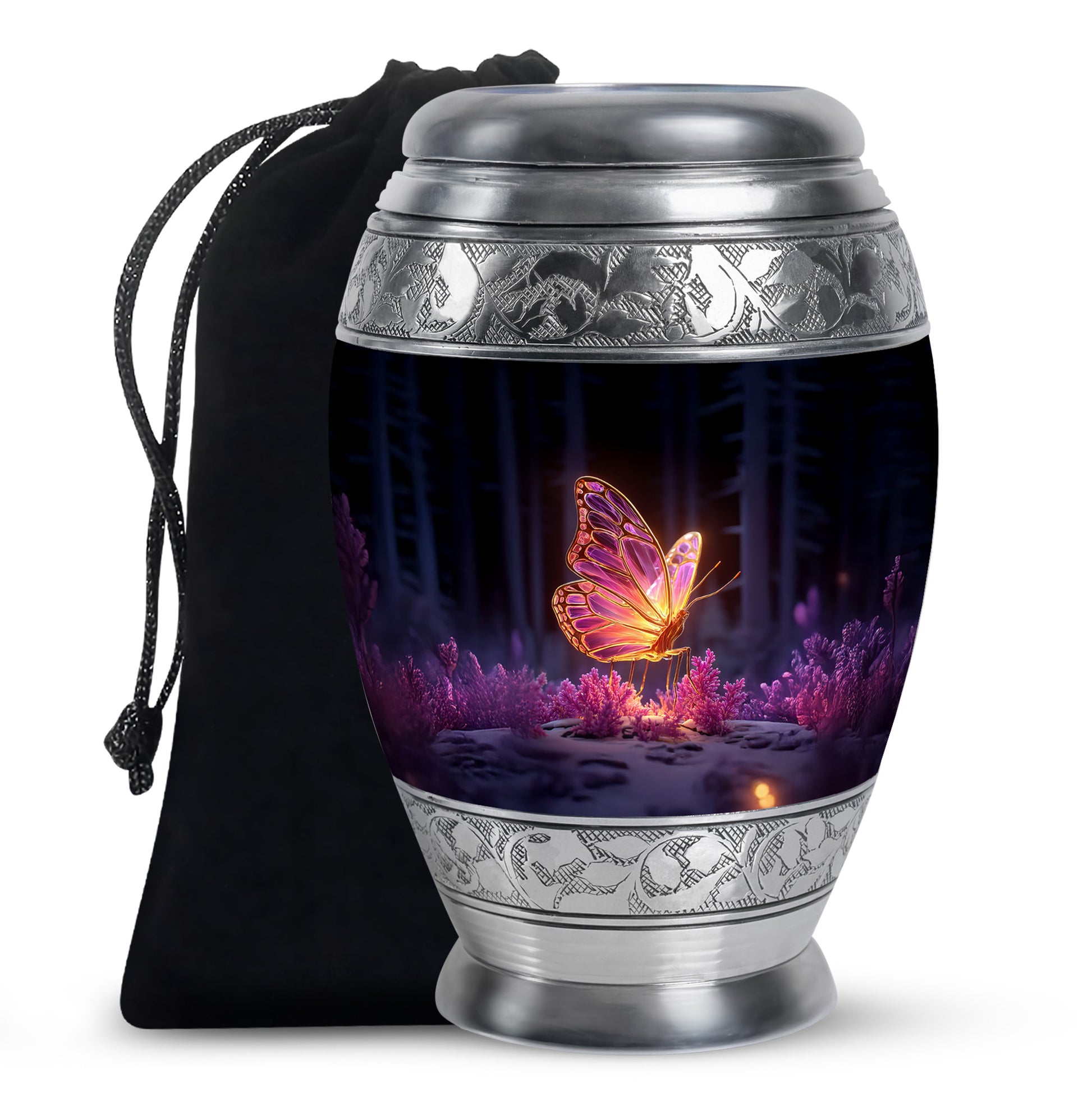 Ebony Butterfly Cremation Urn back view with polished surface - ornate monarch-style butterfly relief on brushed aluminum - full-size 10 inch 200 cubic inch adult cremation urn