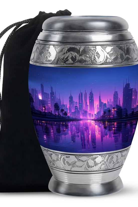 Elegant Blue Cityscape Urn - Unique Decorative Urns For Human Ashes