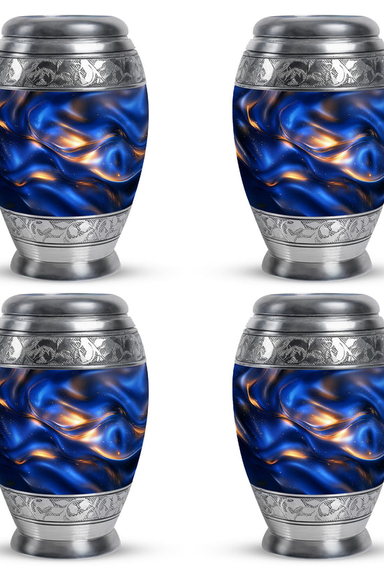 Sapphire Blue Blue Cremation Urn urn with complimentary velvet bag - majestic blue pattern with filigree border - 10 inch aluminum urn for cremated remains