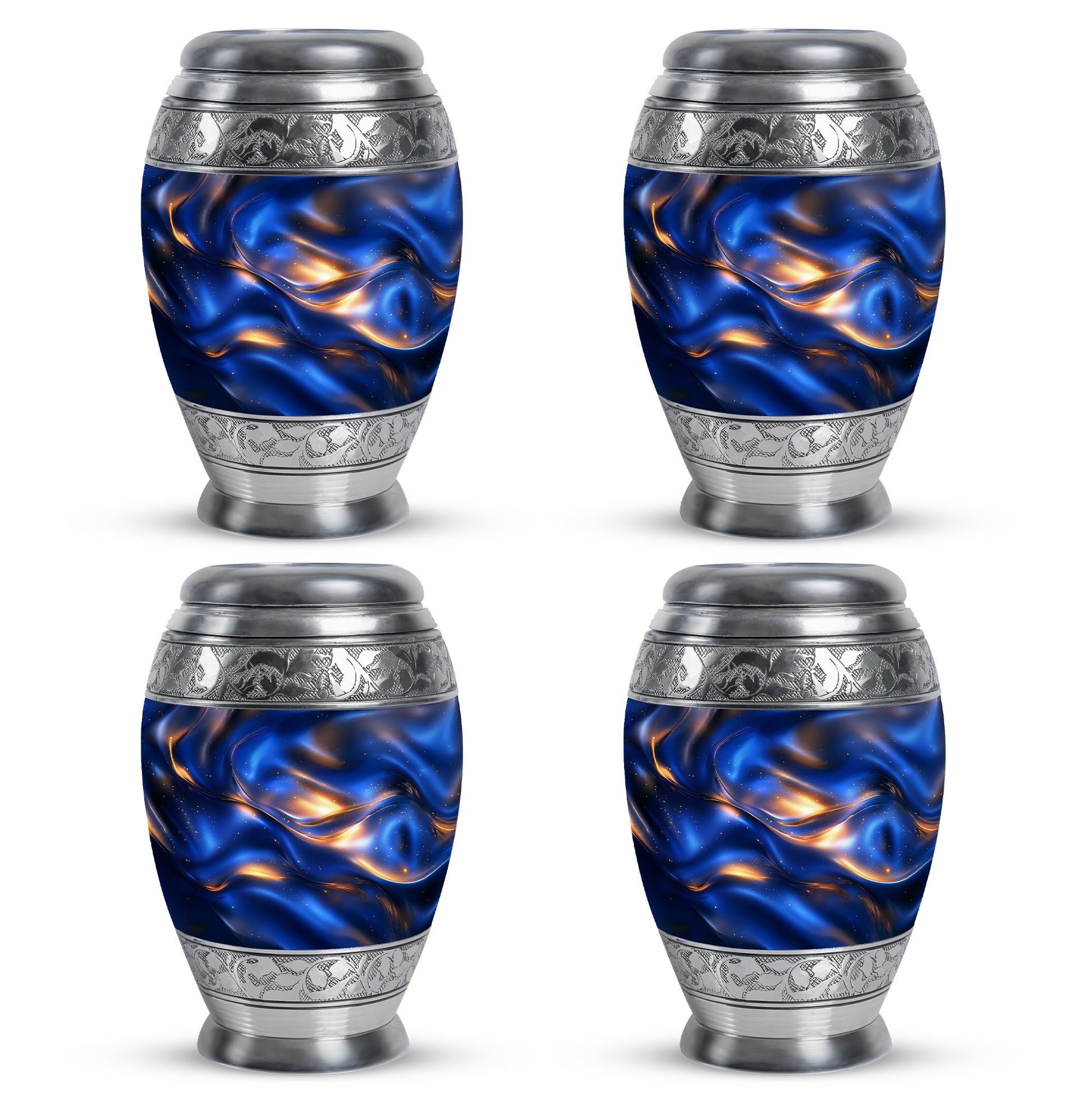 Sapphire Blue Blue Cremation Urn urn with complimentary velvet bag - majestic blue pattern with filigree border - 10 inch aluminum urn for cremated remains