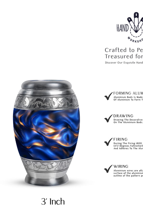 Bright Blue Blue Cremation Urn lifestyle display on memorial shelf - majestic blue pattern with filigree border - mini keepsake memorial for portion of cremation ashes