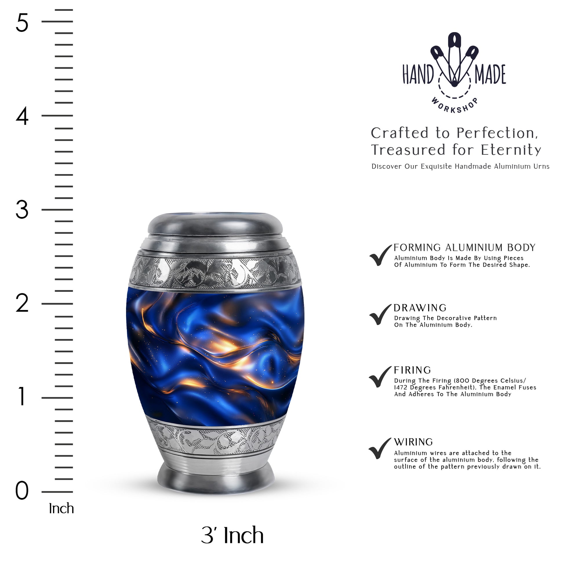 Bright Blue Blue Cremation Urn lifestyle display on memorial shelf - majestic blue pattern with filigree border - mini keepsake memorial for portion of cremation ashes
