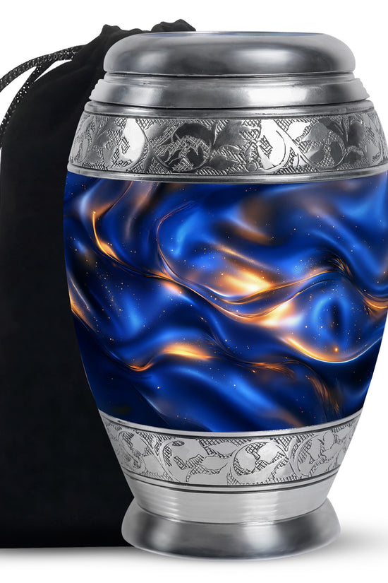 Dusty Blue Blue Cremation Urn back view with polished surface - regal blue design with crown-inspired accents - full-size 10 inch 200 cubic inch adult cremation urn