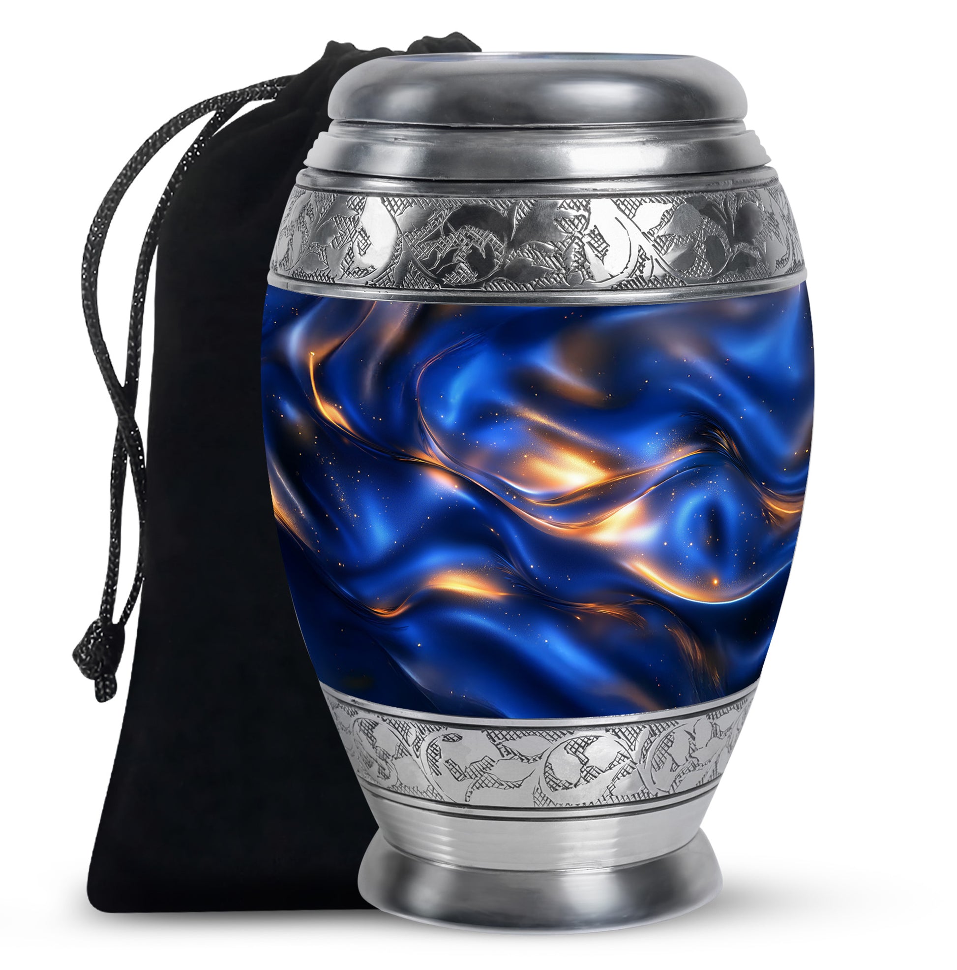 Dusty Blue Blue Cremation Urn back view with polished surface - regal blue design with crown-inspired accents - full-size 10 inch 200 cubic inch adult cremation urn