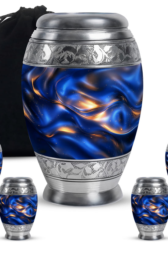 Cobalt Blue Blue Cremation Urn detail view - majestic blue pattern with filigree border - memorial set with one large and four small urns
