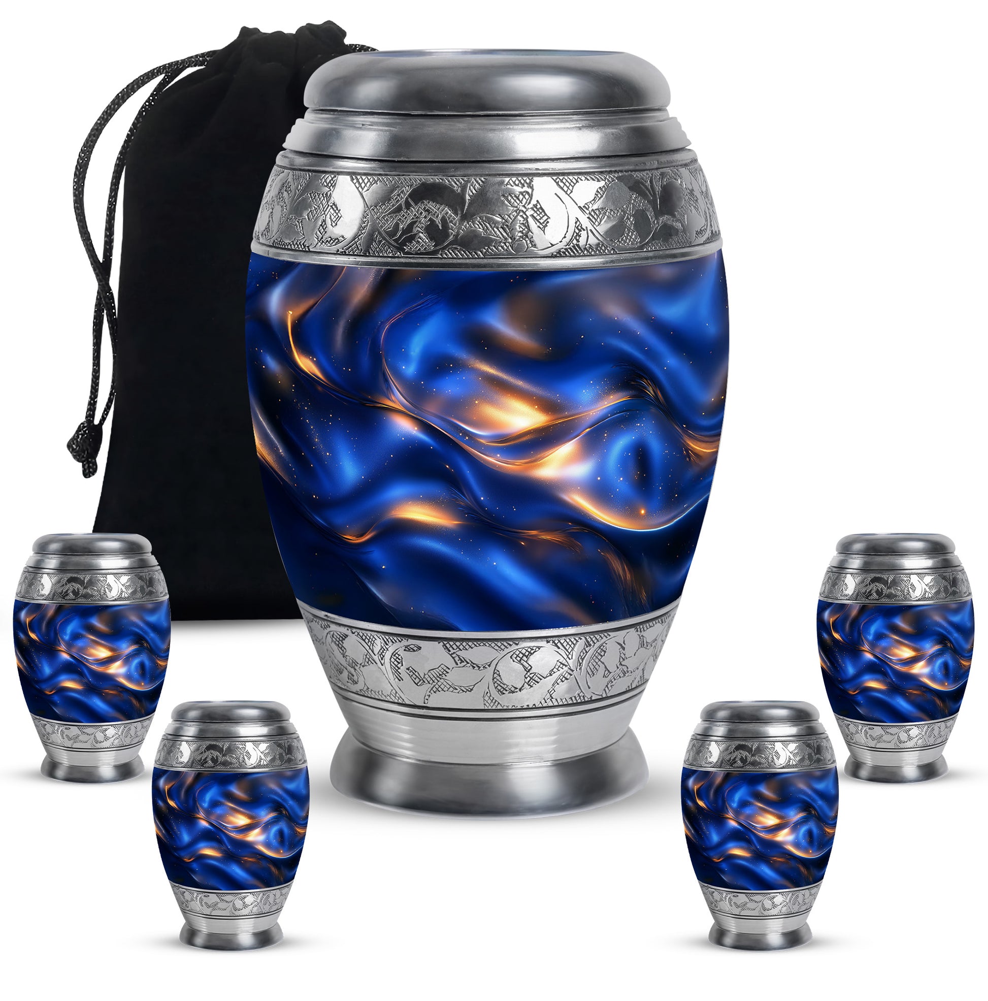 Cobalt Blue Blue Cremation Urn detail view - majestic blue pattern with filigree border - memorial set with one large and four small urns