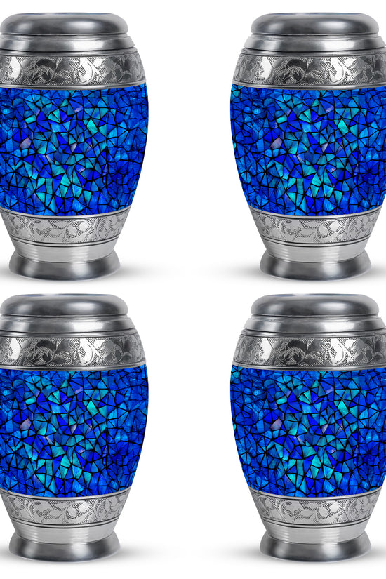 Calming Blue Blue Cremation Urn urn with complimentary velvet bag - majestic blue pattern with filigree border - 10 inch aluminum urn for cremated remains