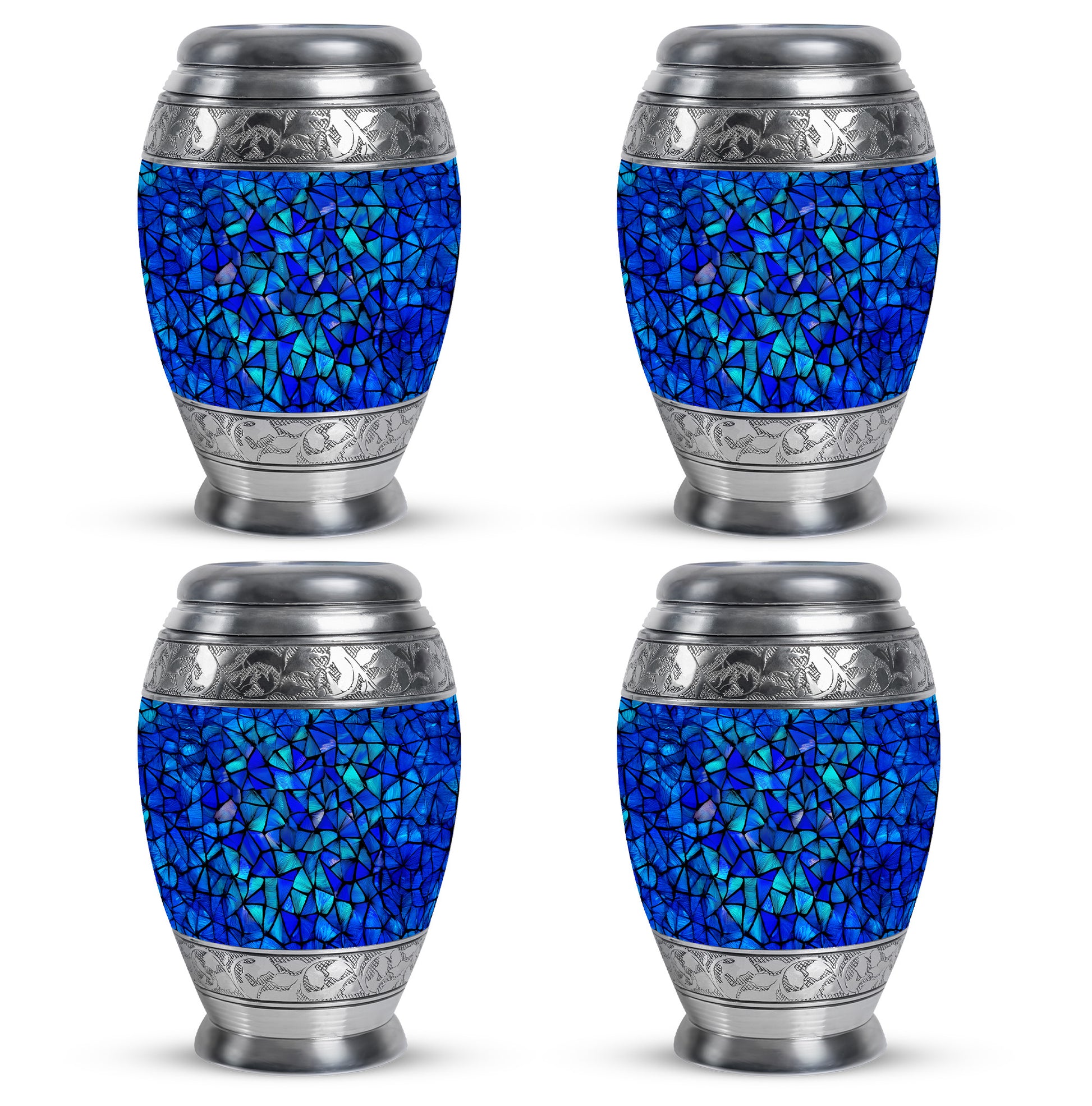 Calming Blue Blue Cremation Urn urn with complimentary velvet bag - majestic blue pattern with filigree border - 10 inch aluminum urn for cremated remains
