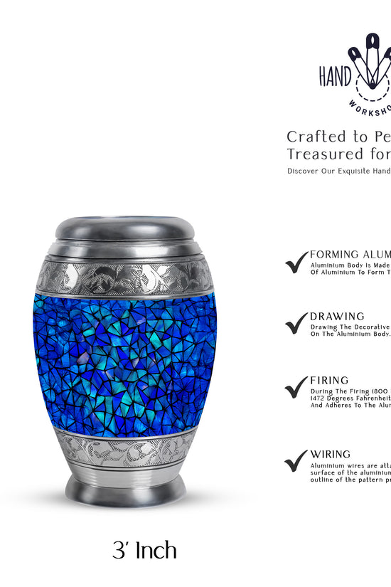 Steel Blue Blue Cremation Urn lifestyle display on memorial shelf - majestic blue pattern with filigree border - mini keepsake memorial for portion of cremation ashes