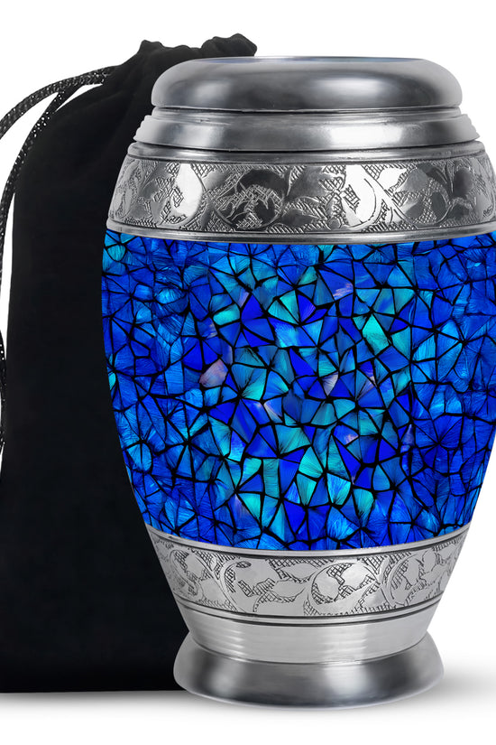 Soft Blue Blue Cremation Urn back view with polished surface - royal blue engraving with decorative scrollwork - full-size 10 inch 200 cubic inch adult cremation urn