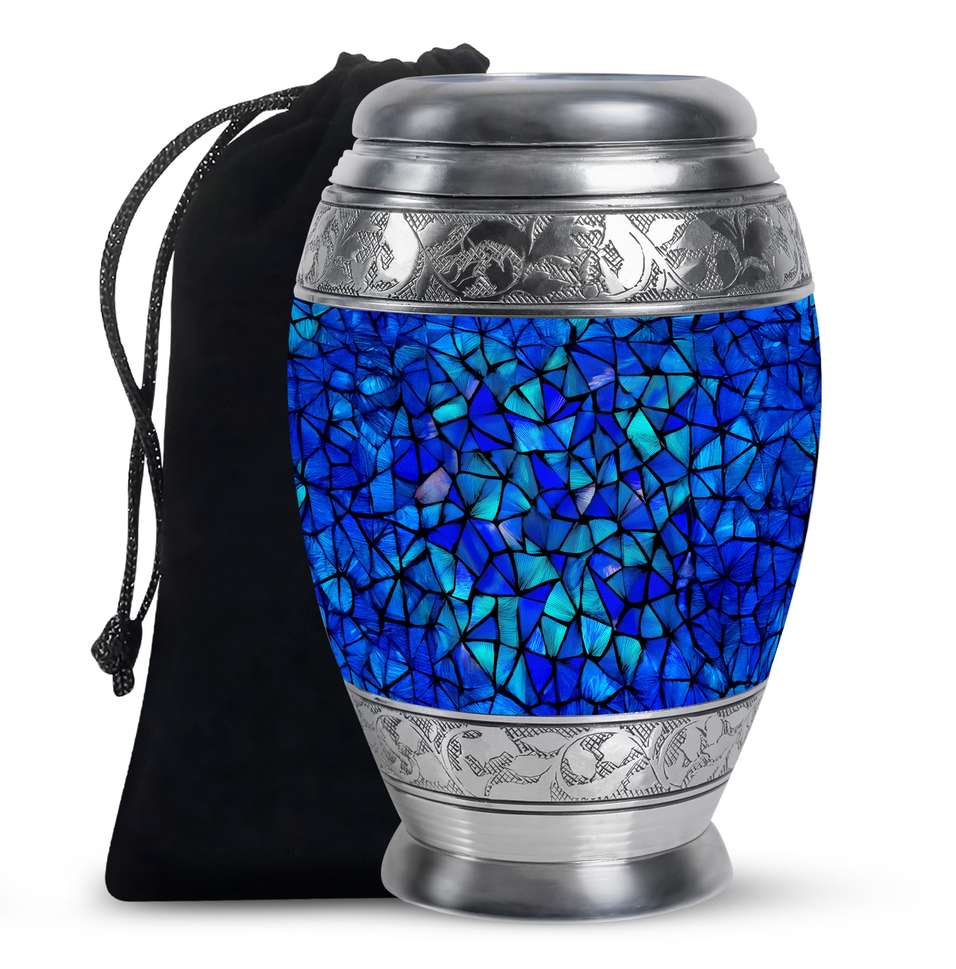 Soft Blue Blue Cremation Urn back view with polished surface - royal blue engraving with decorative scrollwork - full-size 10 inch 200 cubic inch adult cremation urn