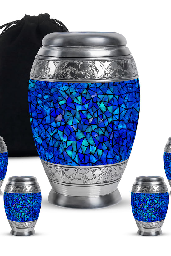 Icy Blue Blue Cremation Urn detail view - regal blue design with crown-inspired accents - memorial set with one large and four small urns
