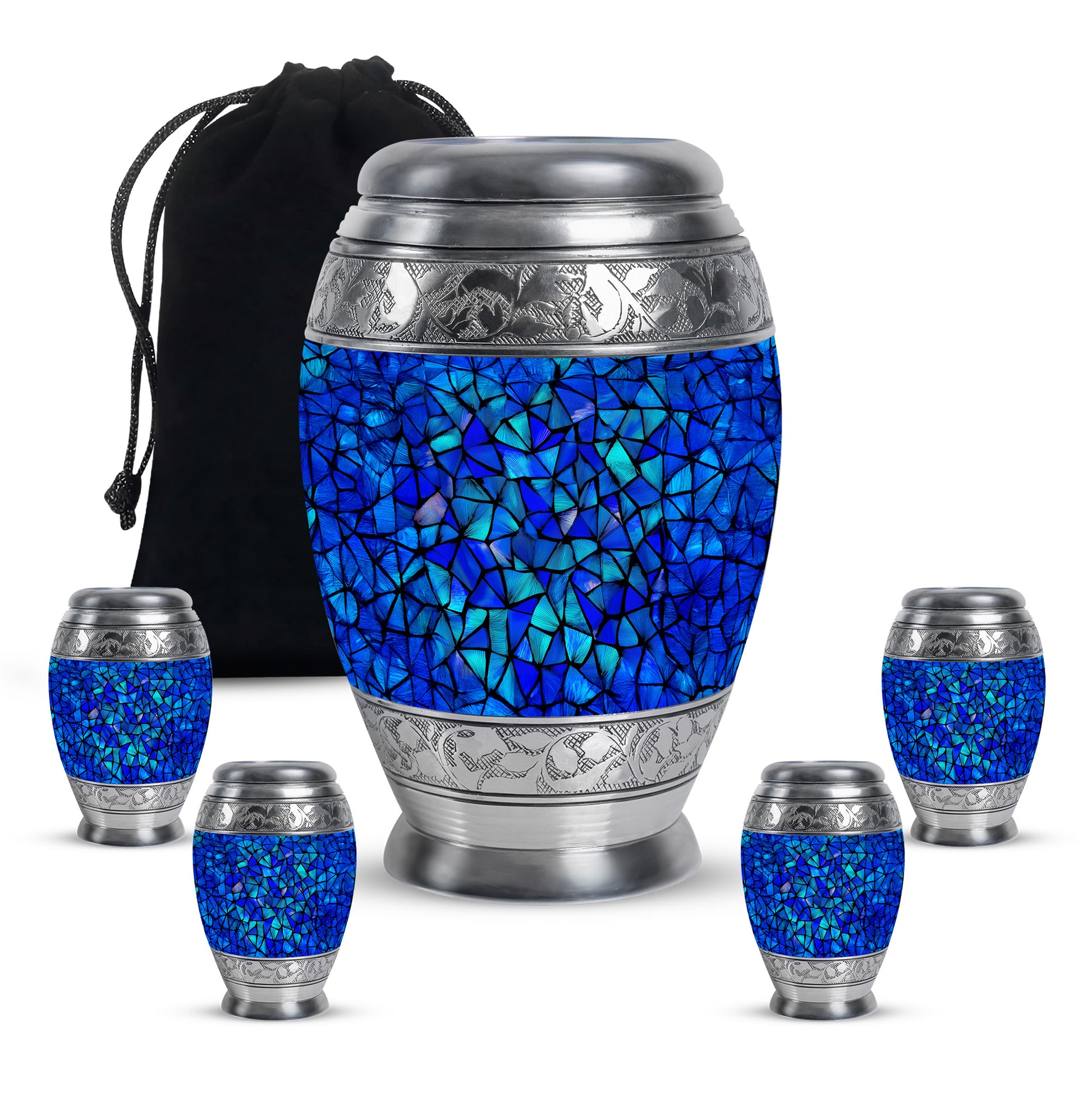 Icy Blue Blue Cremation Urn detail view - regal blue design with crown-inspired accents - memorial set with one large and four small urns