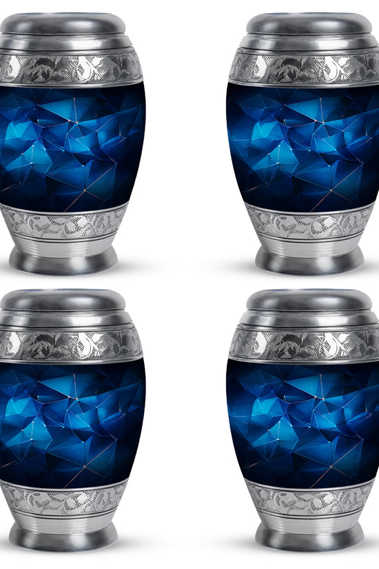 Pastel Blue Blue Cremation Urn urn with complimentary velvet bag - ornate monarch-style blue relief on brushed aluminum - 10 inch aluminum urn for cremated remains