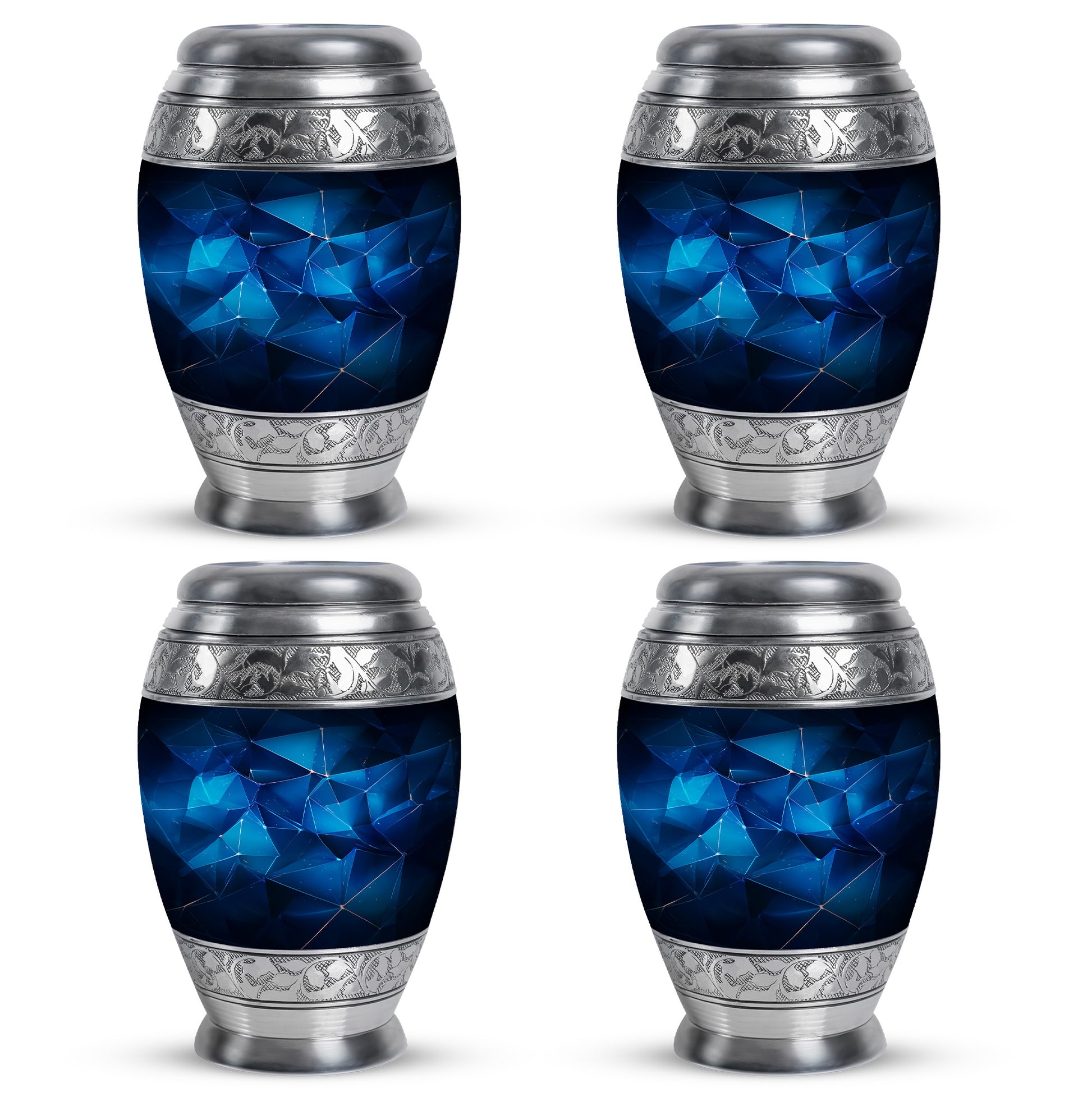 Pastel Blue Blue Cremation Urn urn with complimentary velvet bag - ornate monarch-style blue relief on brushed aluminum - 10 inch aluminum urn for cremated remains