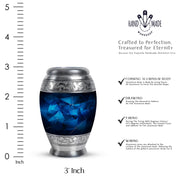Royal Blue Blue Cremation Urn lifestyle display on memorial shelf - royal blue engraving with decorative scrollwork - mini keepsake memorial for portion of cremation ashes