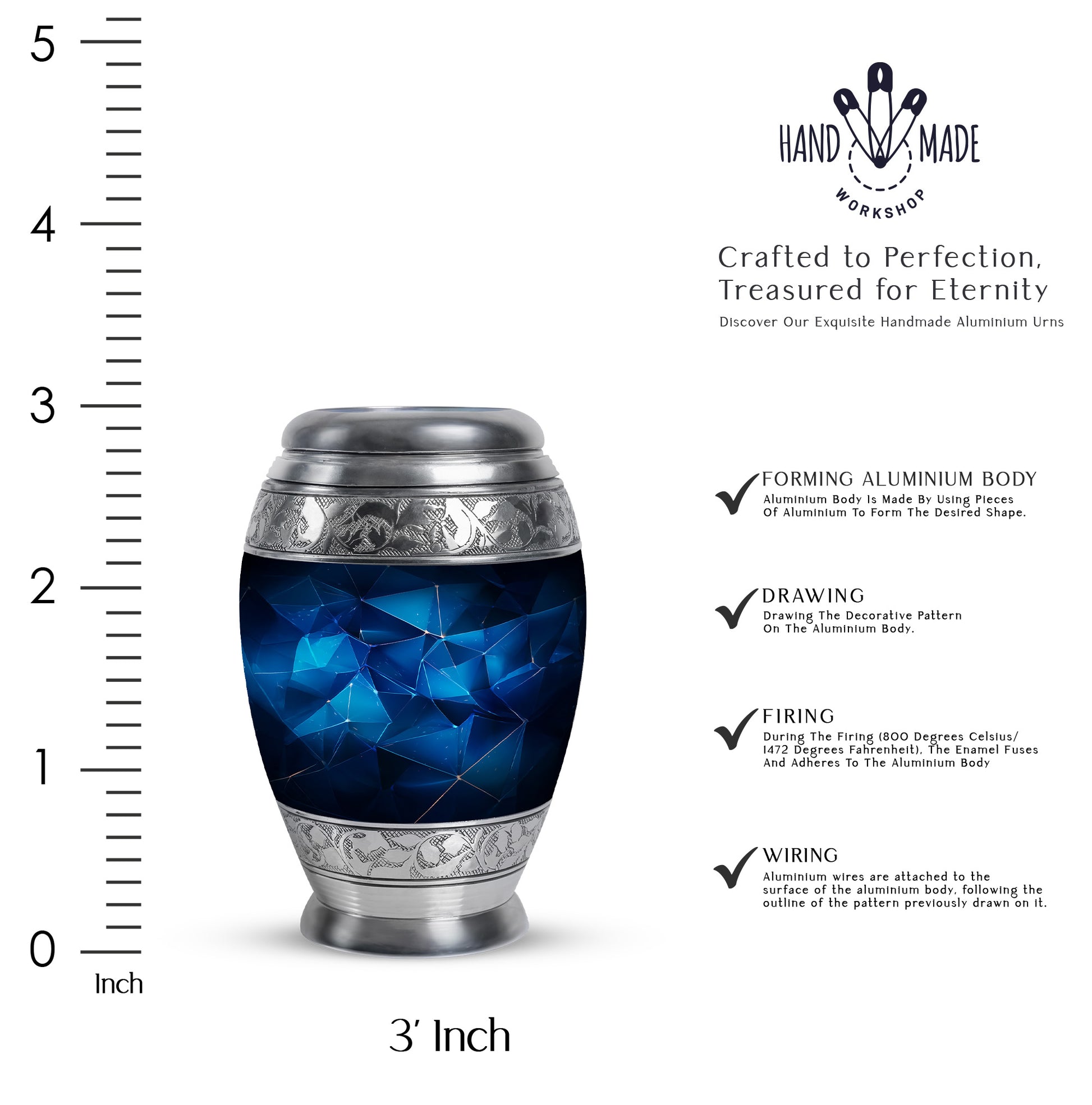 Royal Blue Blue Cremation Urn lifestyle display on memorial shelf - royal blue engraving with decorative scrollwork - mini keepsake memorial for portion of cremation ashes