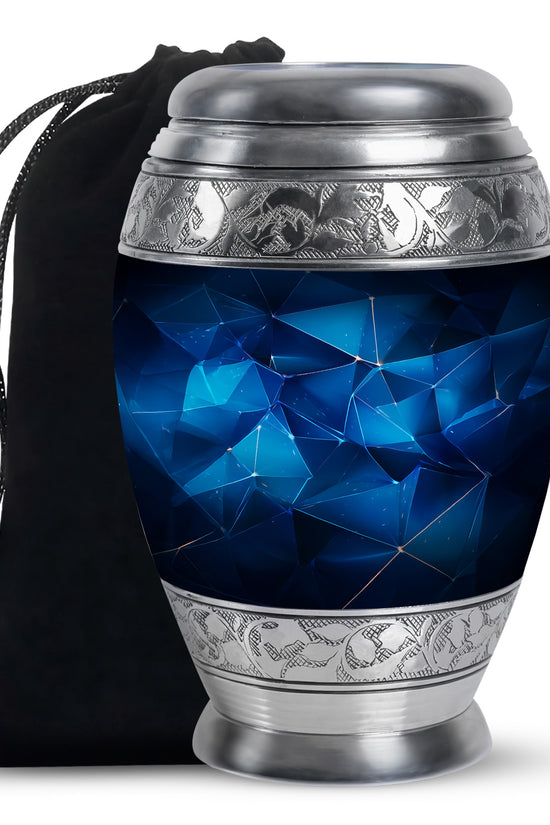 Twilight Blue Blue Cremation Urn back view with polished surface - royal blue engraving with decorative scrollwork - full-size 10 inch 200 cubic inch adult cremation urn