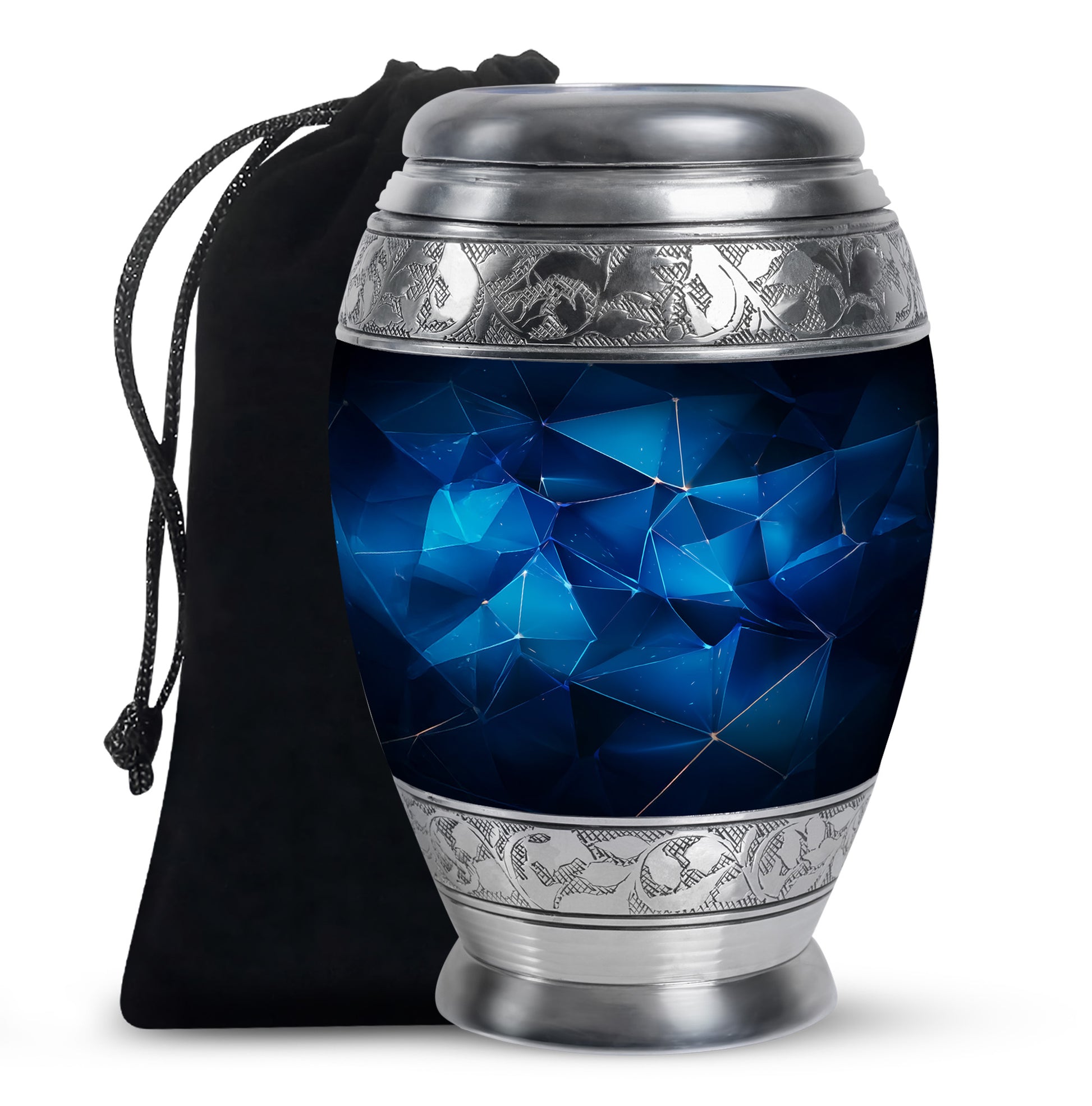 Twilight Blue Blue Cremation Urn back view with polished surface - royal blue engraving with decorative scrollwork - full-size 10 inch 200 cubic inch adult cremation urn