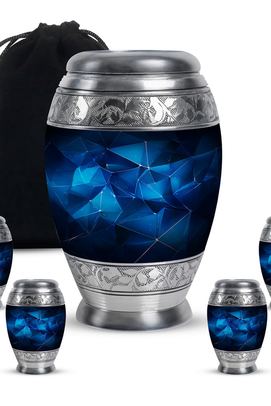Sapphire Blue Blue Cremation Urn detail view - royal blue engraving with decorative scrollwork - memorial set with one large and four small urns