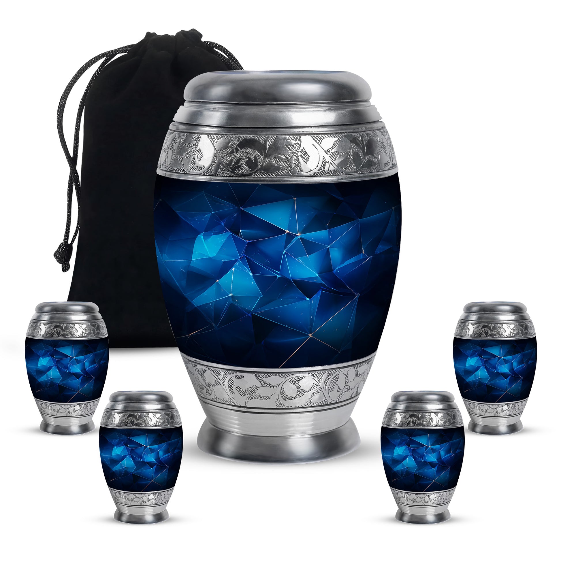 Sapphire Blue Blue Cremation Urn detail view - royal blue engraving with decorative scrollwork - memorial set with one large and four small urns