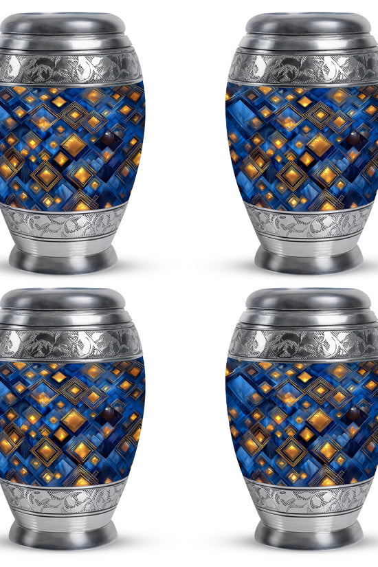 Sapphire Blue Blue Cremation Urn urn with complimentary velvet bag - majestic blue pattern with filigree border - 10 inch aluminum urn for cremated remains
