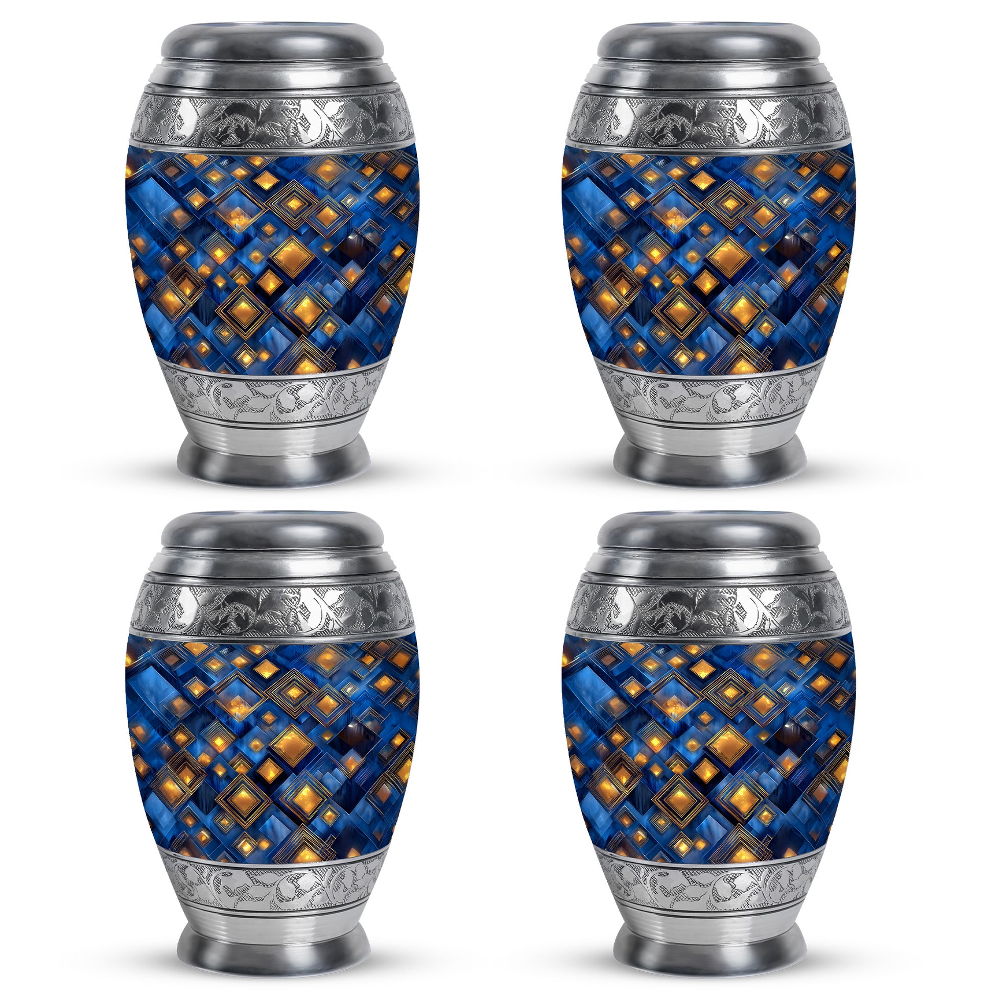 Sapphire Blue Blue Cremation Urn urn with complimentary velvet bag - majestic blue pattern with filigree border - 10 inch aluminum urn for cremated remains
