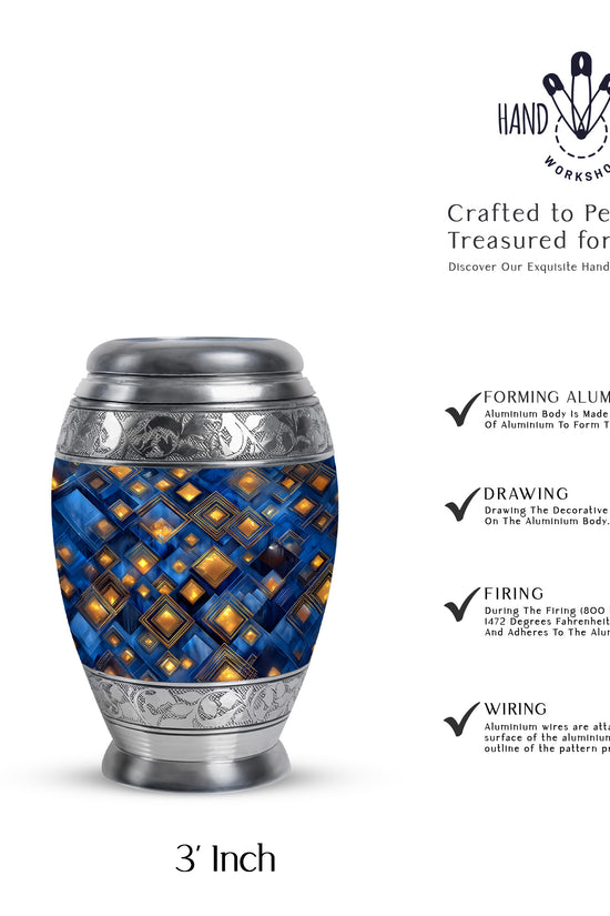 Misty Blue Blue Cremation Urn lifestyle display on memorial shelf - ornate monarch-style blue relief on brushed aluminum - mini keepsake memorial for portion of cremation ashes