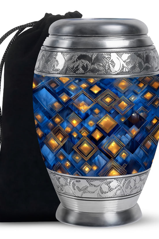 Cornflower Blue Blue Cremation Urn back view with polished surface - majestic blue pattern with filigree border - full-size 10 inch 200 cubic inch adult cremation urn