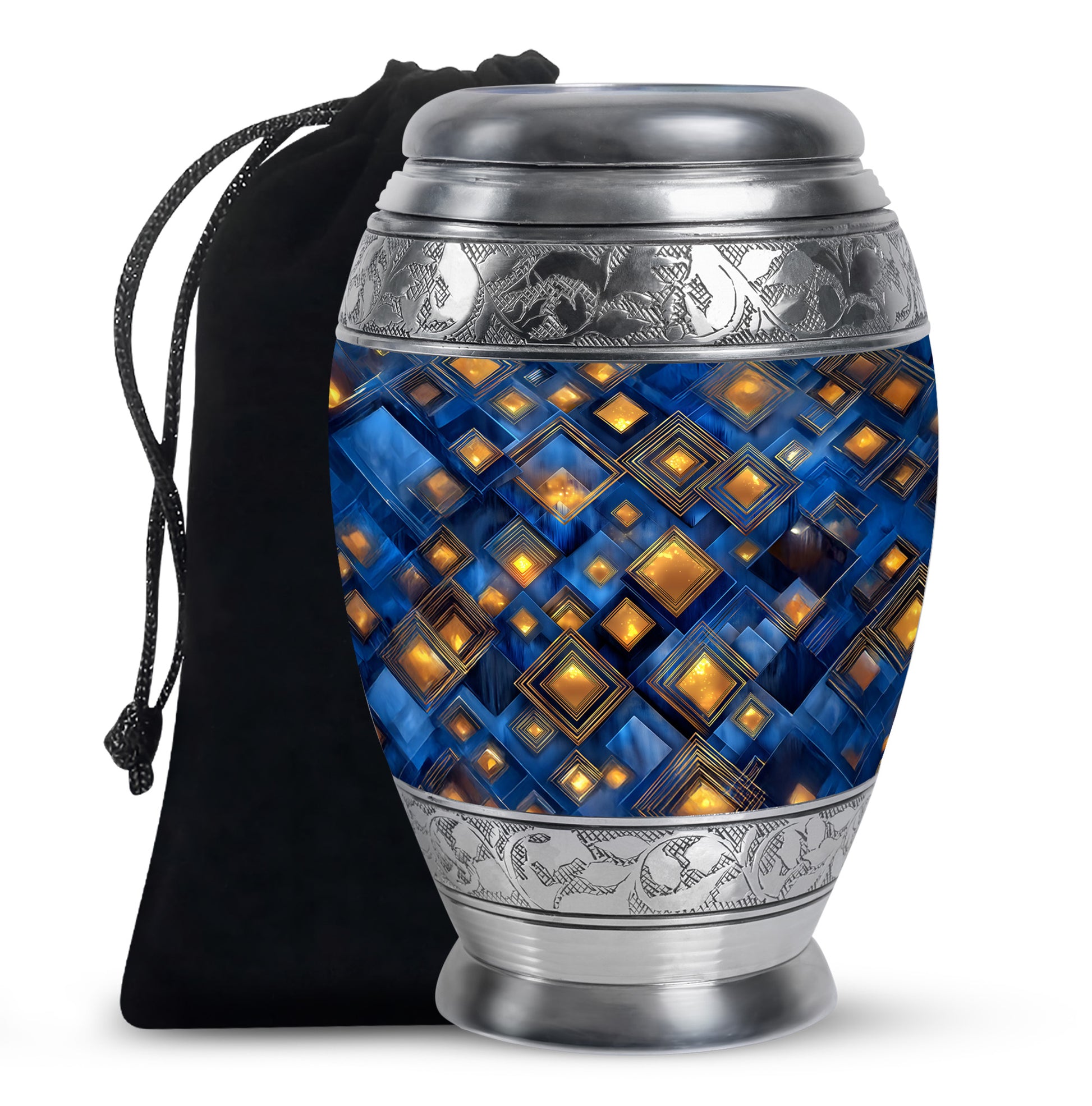 Cornflower Blue Blue Cremation Urn back view with polished surface - majestic blue pattern with filigree border - full-size 10 inch 200 cubic inch adult cremation urn