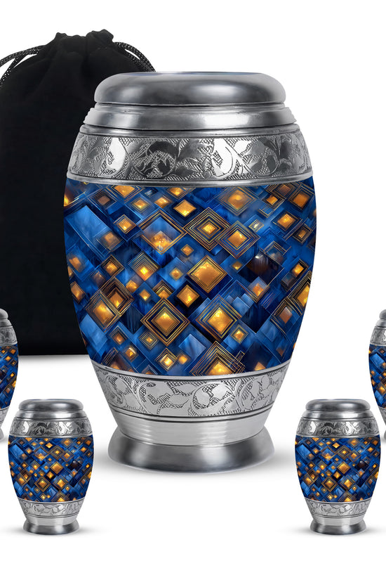 Twilight Blue Blue Cremation Urn detail view - majestic blue pattern with filigree border - memorial set with one large and four small urns