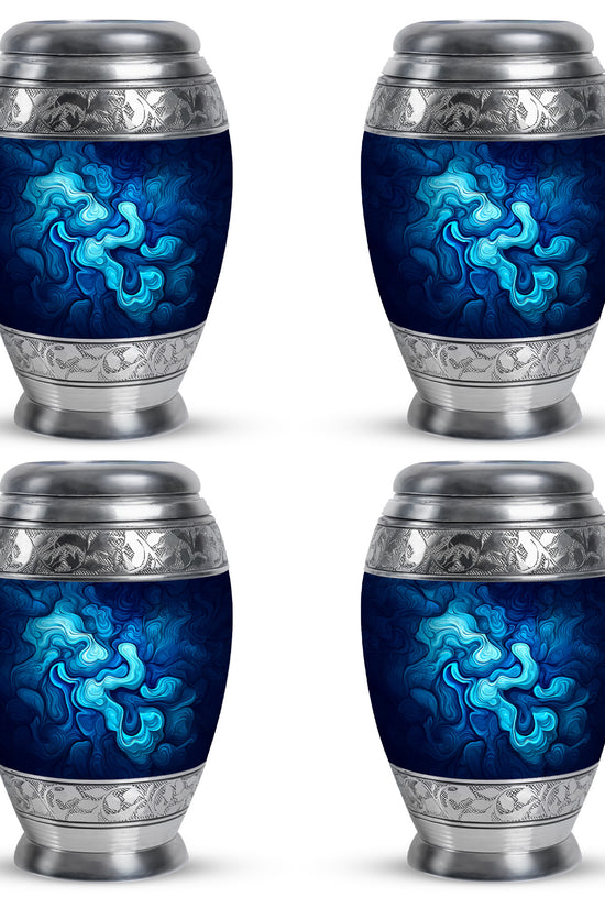 Calming Blue Blue Cremation Urn urn with complimentary velvet bag - royal blue engraving with decorative scrollwork - 10 inch aluminum urn for cremated remains