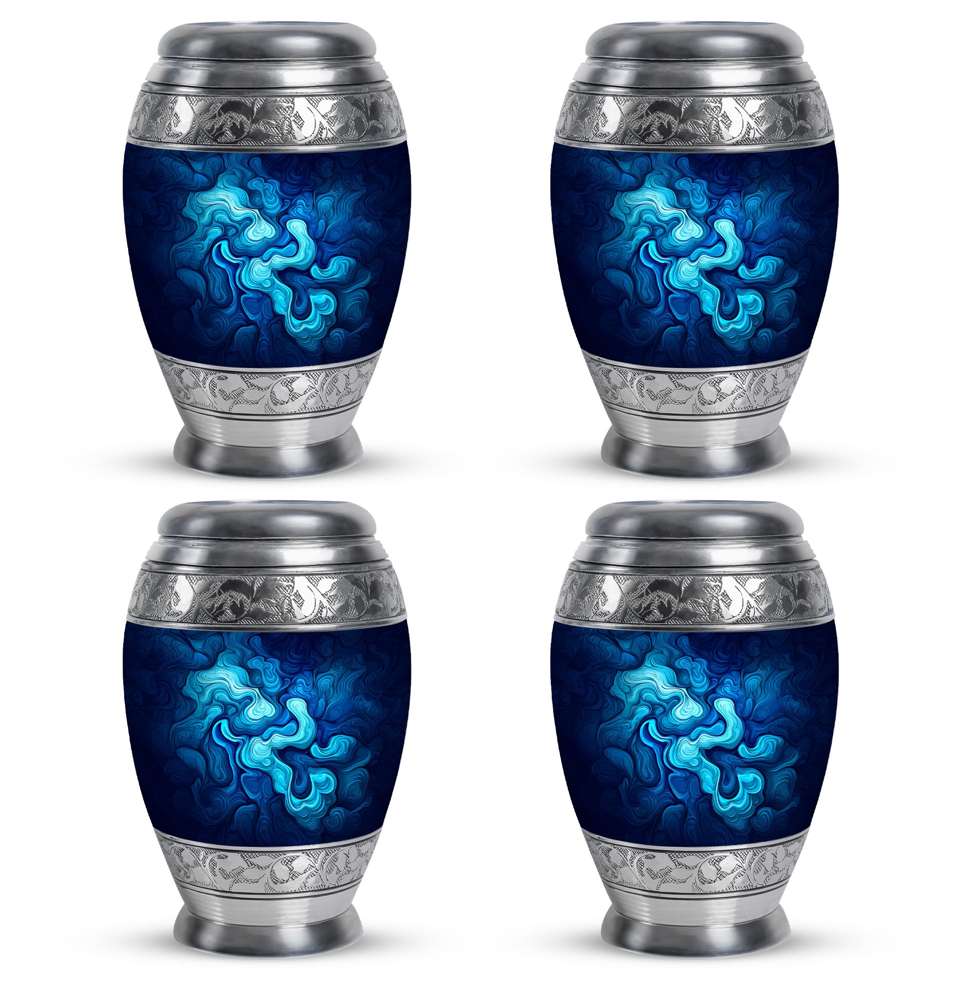 Calming Blue Blue Cremation Urn urn with complimentary velvet bag - royal blue engraving with decorative scrollwork - 10 inch aluminum urn for cremated remains