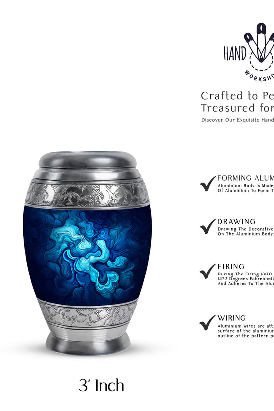 Twilight Blue Blue Cremation Urn lifestyle display on memorial shelf - majestic blue pattern with filigree border - mini keepsake memorial for portion of cremation ashes