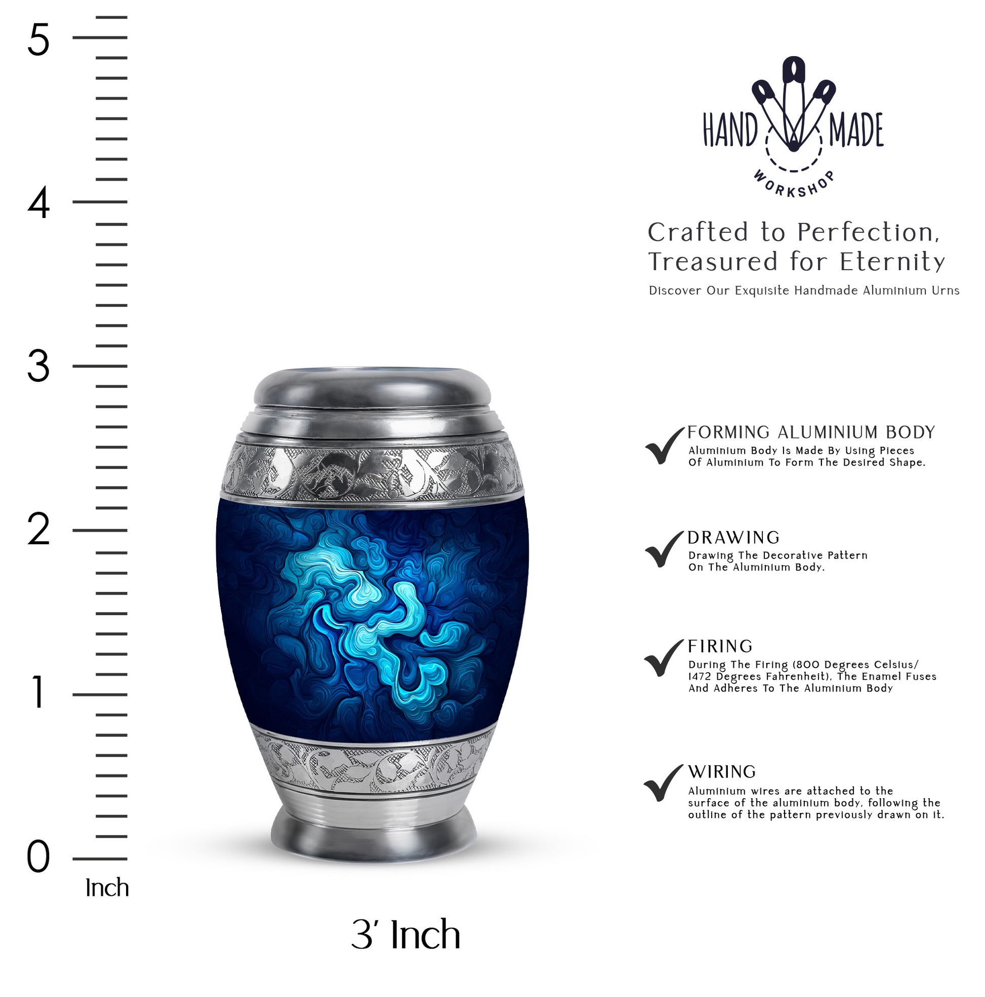 Twilight Blue Blue Cremation Urn lifestyle display on memorial shelf - majestic blue pattern with filigree border - mini keepsake memorial for portion of cremation ashes