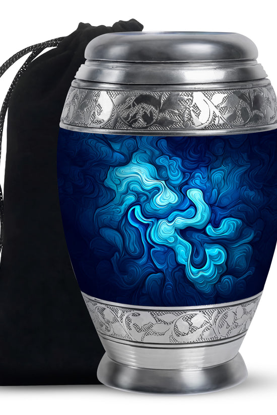 Royal Blue Blue Cremation Urn back view with polished surface - majestic blue pattern with filigree border - full-size 10 inch 200 cubic inch adult cremation urn