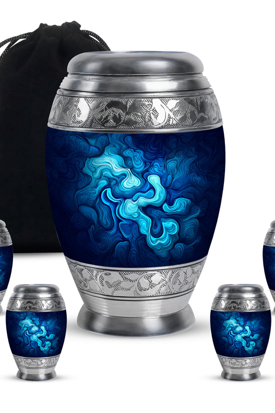Sapphire Blue Blue Cremation Urn detail view - royal blue engraving with decorative scrollwork - memorial set with one large and four small urns