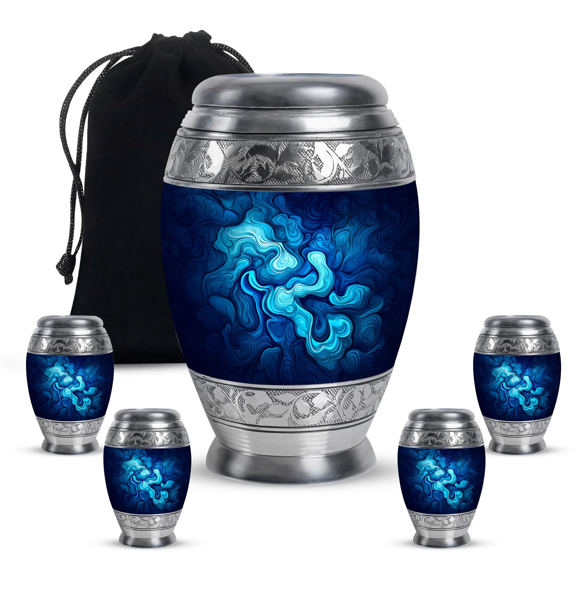 Sapphire Blue Blue Cremation Urn detail view - royal blue engraving with decorative scrollwork - memorial set with one large and four small urns