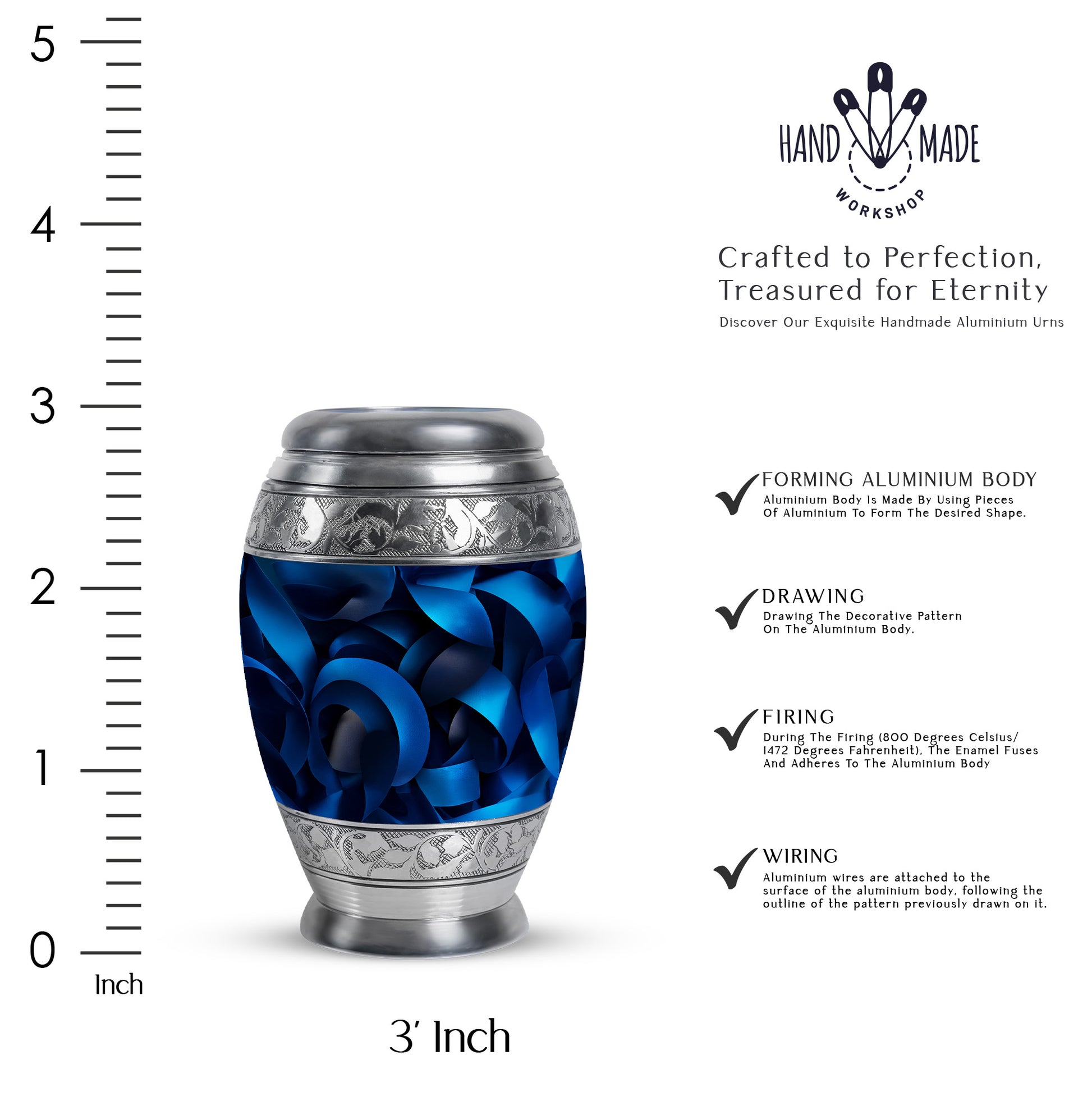Onyx Black Blue Cremation Urn lifestyle display on memorial shelf - royal blue engraving with decorative scrollwork - mini keepsake memorial for portion of cremation ashes