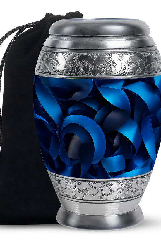 Midnight Black Blue Cremation Urn back view with polished surface - majestic blue pattern with filigree border - full-size 10 inch 200 cubic inch adult cremation urn