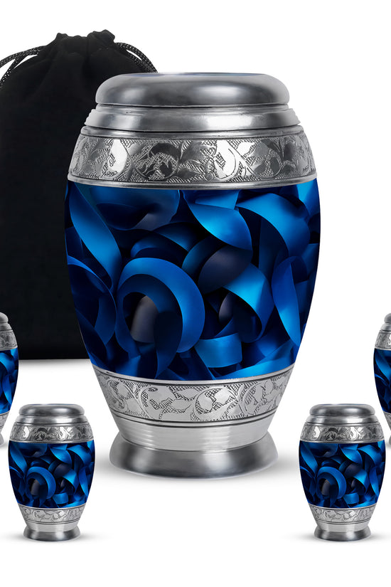 Onyx Black Blue Cremation Urn detail view - royal blue engraving with decorative scrollwork - memorial set with one large and four small urns